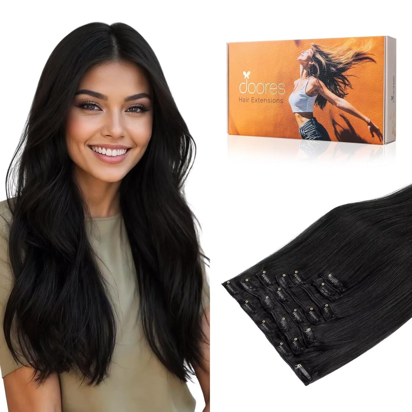 DOORES Human Hair Clip in Extensions 20 Inch Jet Black 7pcs