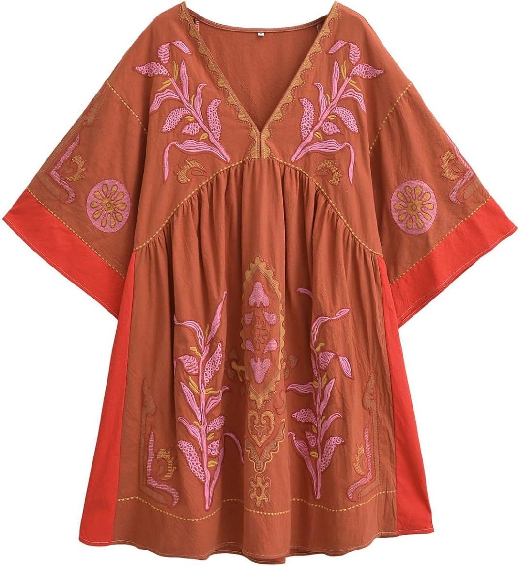 Womens Oversized Embroidered Dress with V-Neck and 3/4 Sleeves