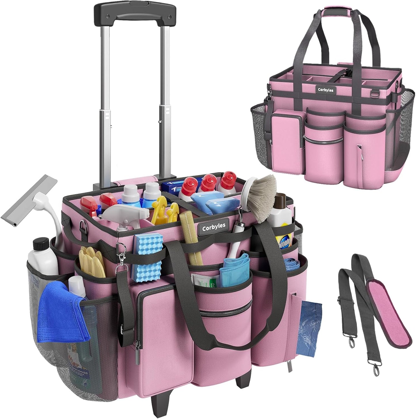 Rolling Cleaning Caddy Bag with Detachable Trolley for Home Use