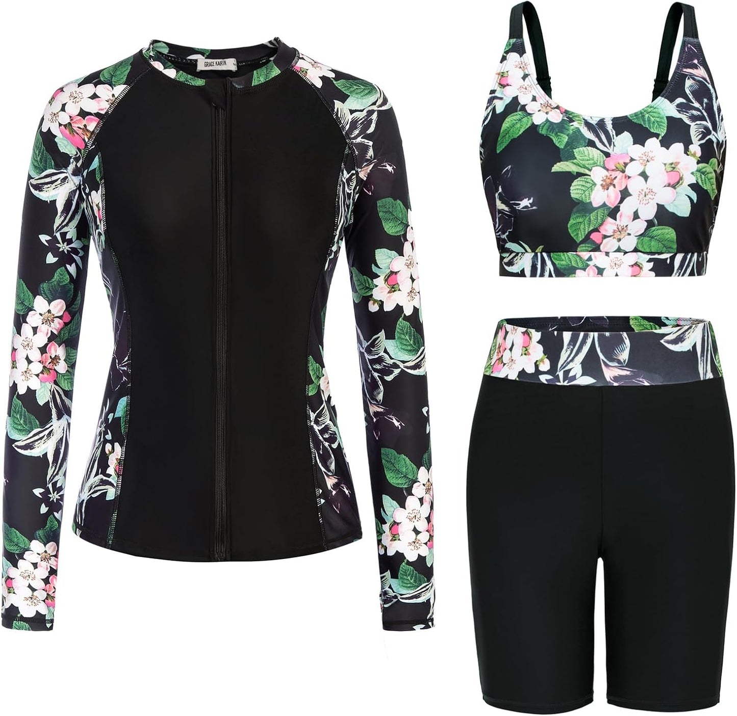 Women's 3 Piece Rash Guard with Built-in Bra for Sun Protection