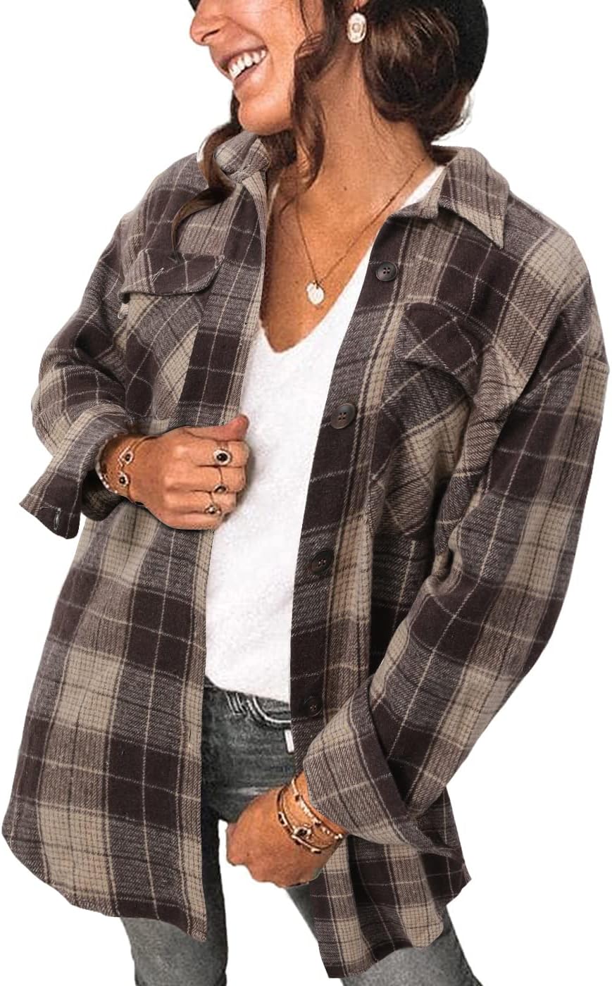 Women's Brushed Plaid Shirts Long Sleeve Flannel Shacket Jacket