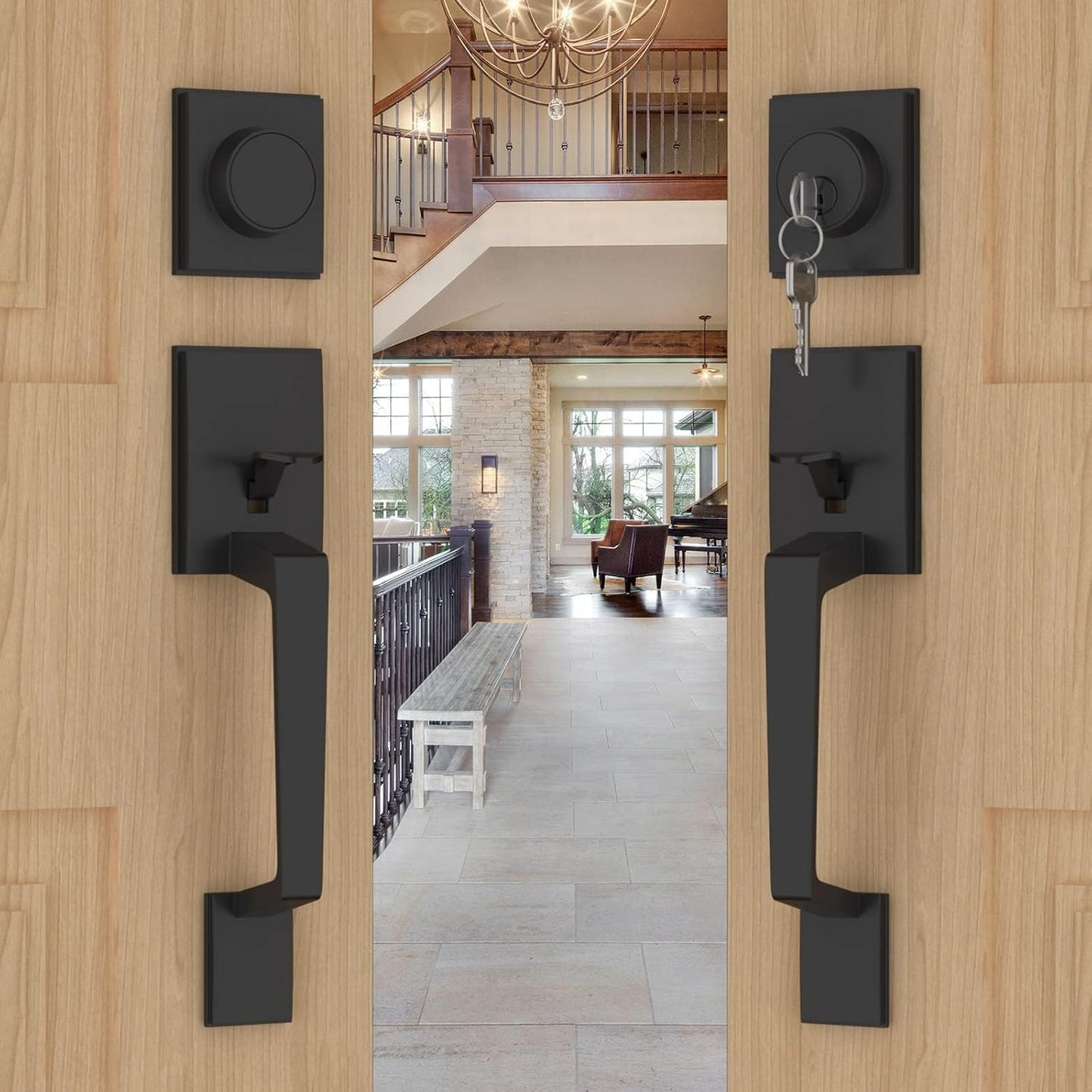Modern Matte Black Double Front Door Lock Set for Security