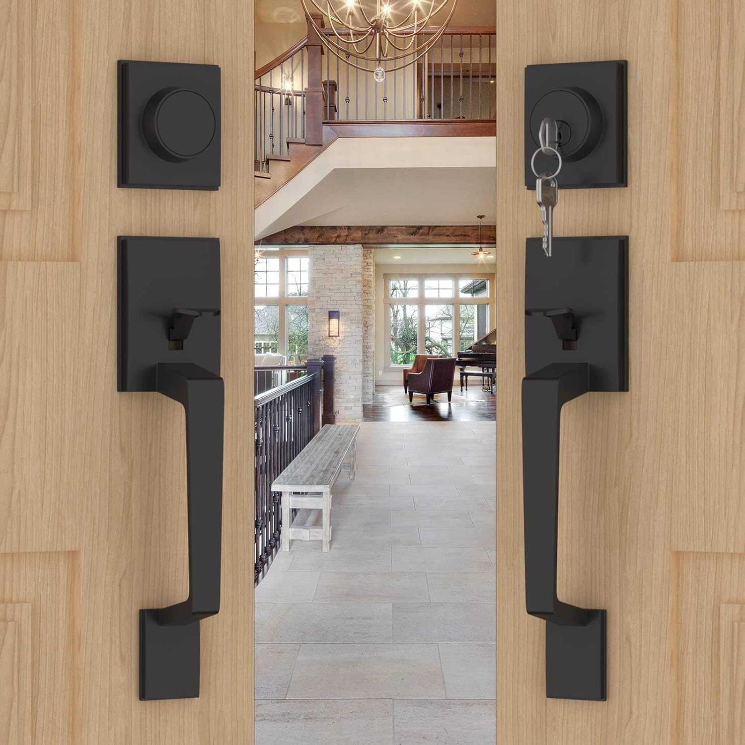 Modern Matte Black Double Front Door Lock Set for Security