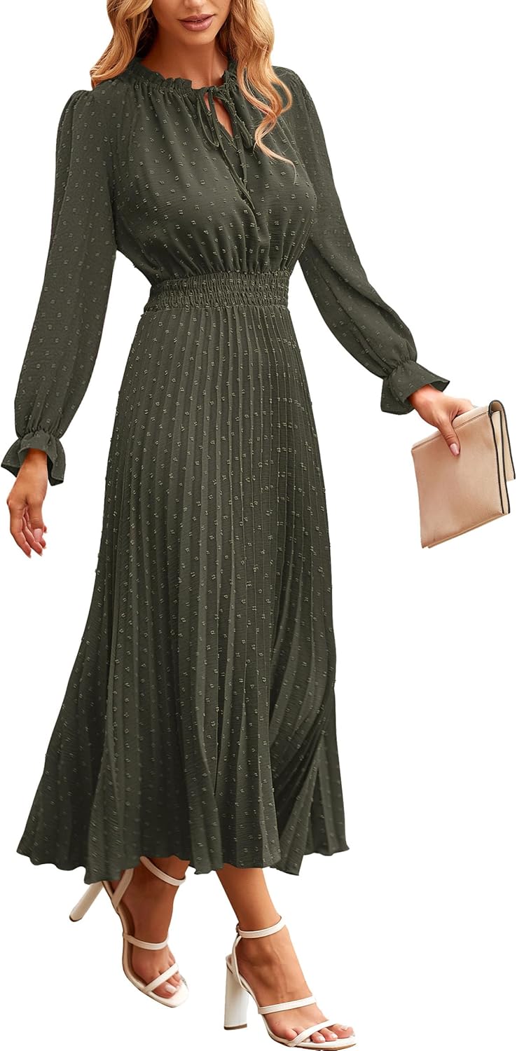 PRETTYGARDEN Women's Midi Dress: Elegant Swiss Dot Design