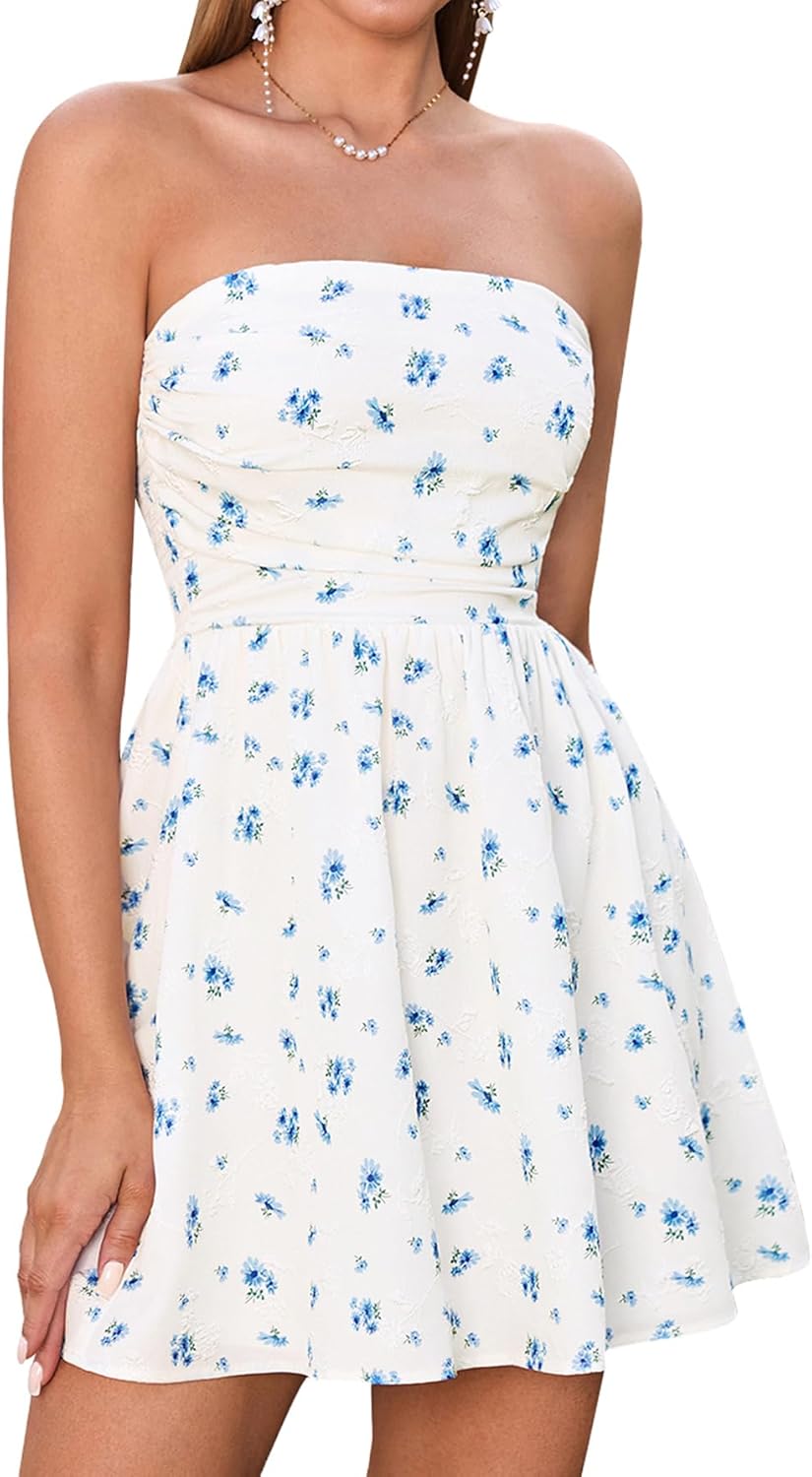 Summer Strapless Mini Dress for Women - Flowy A Line Style