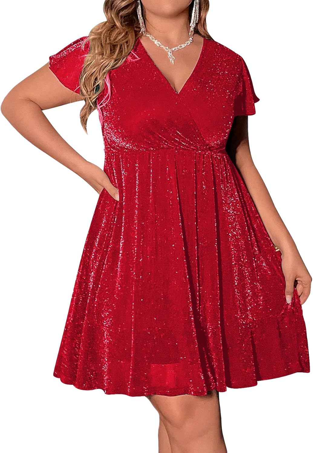 Floerns Women's Plus Size Glitter Wrap V Neck Short Sleeve Dress