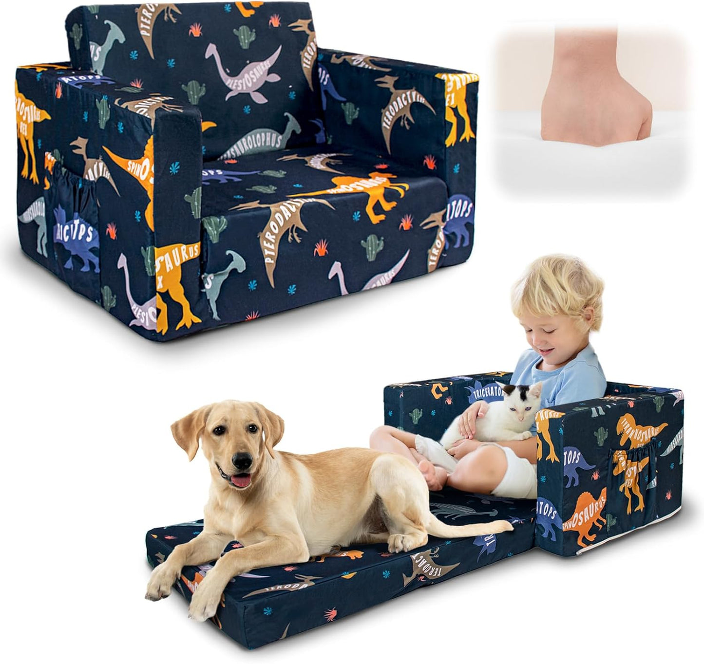 Kids Couch 2-in-1 Fold Out Sofa for Girls and Boys, Dinosaur
