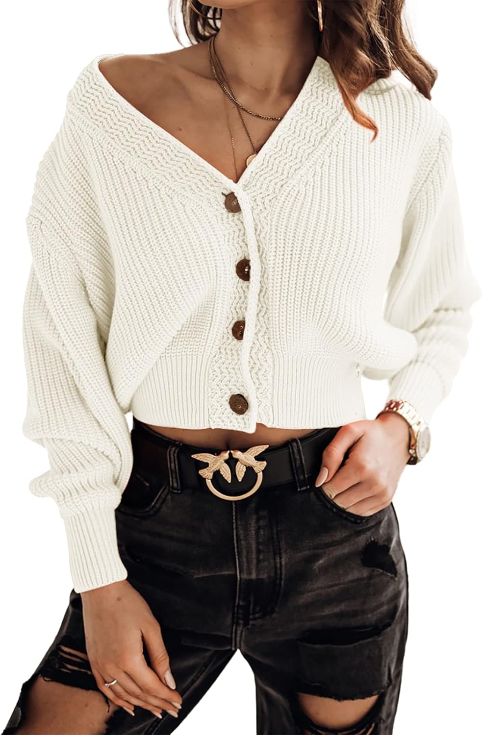 Febriajuce Women's Long Sleeve V-Neck Button Down Cardigan