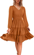 Women's V Neck Smocked Waist Tiered Midi Dress - Flowy Spring/Fall