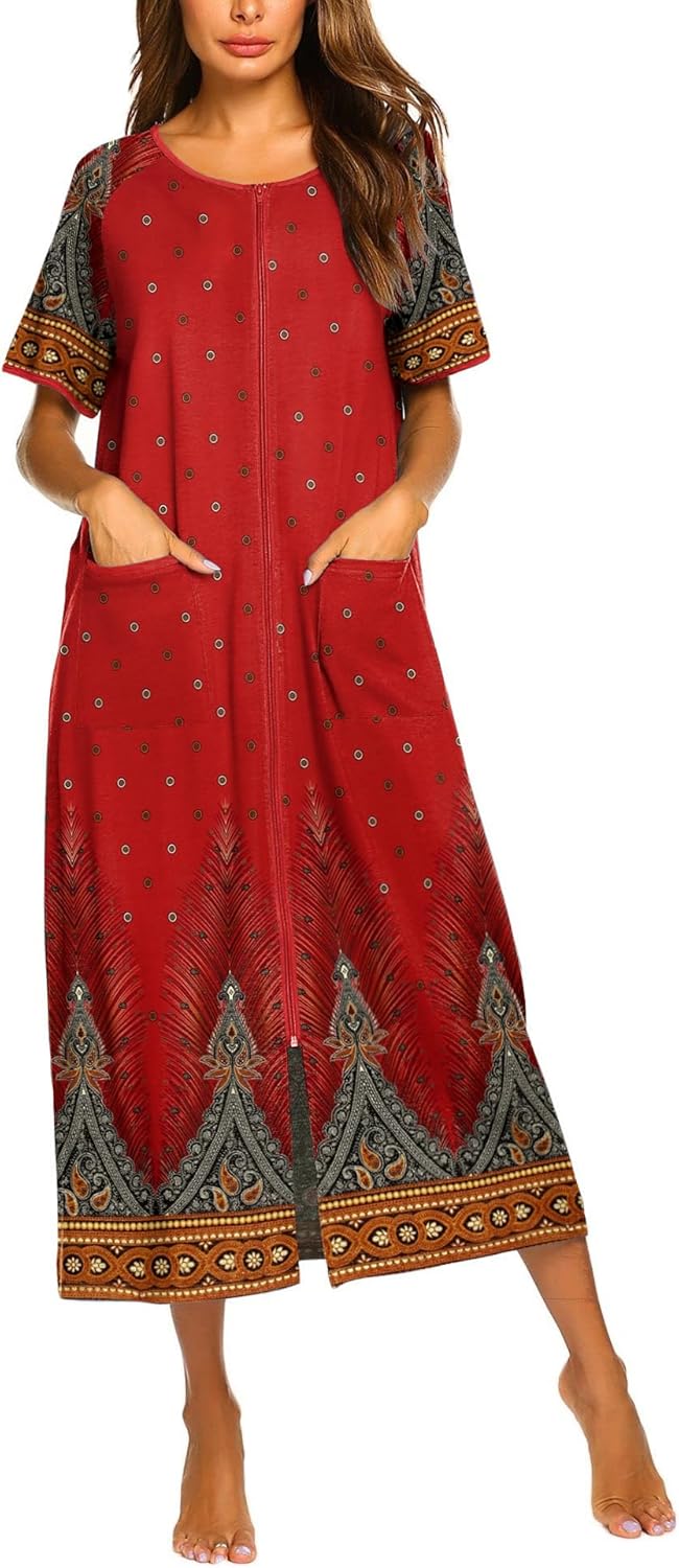 Ekouaer Women Robes Zipper Front Short Sleeve Full Length Housecoat