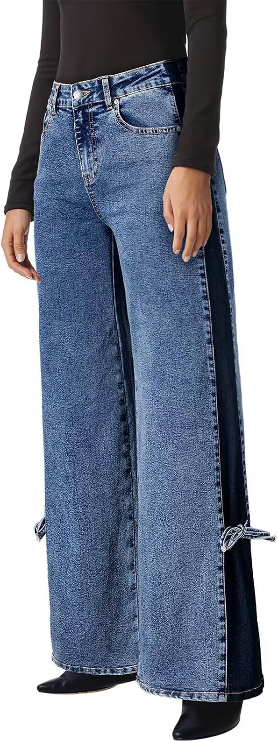 Astylish Women's High-Waisted Wide-Leg Jeans with Tie-Side Detail