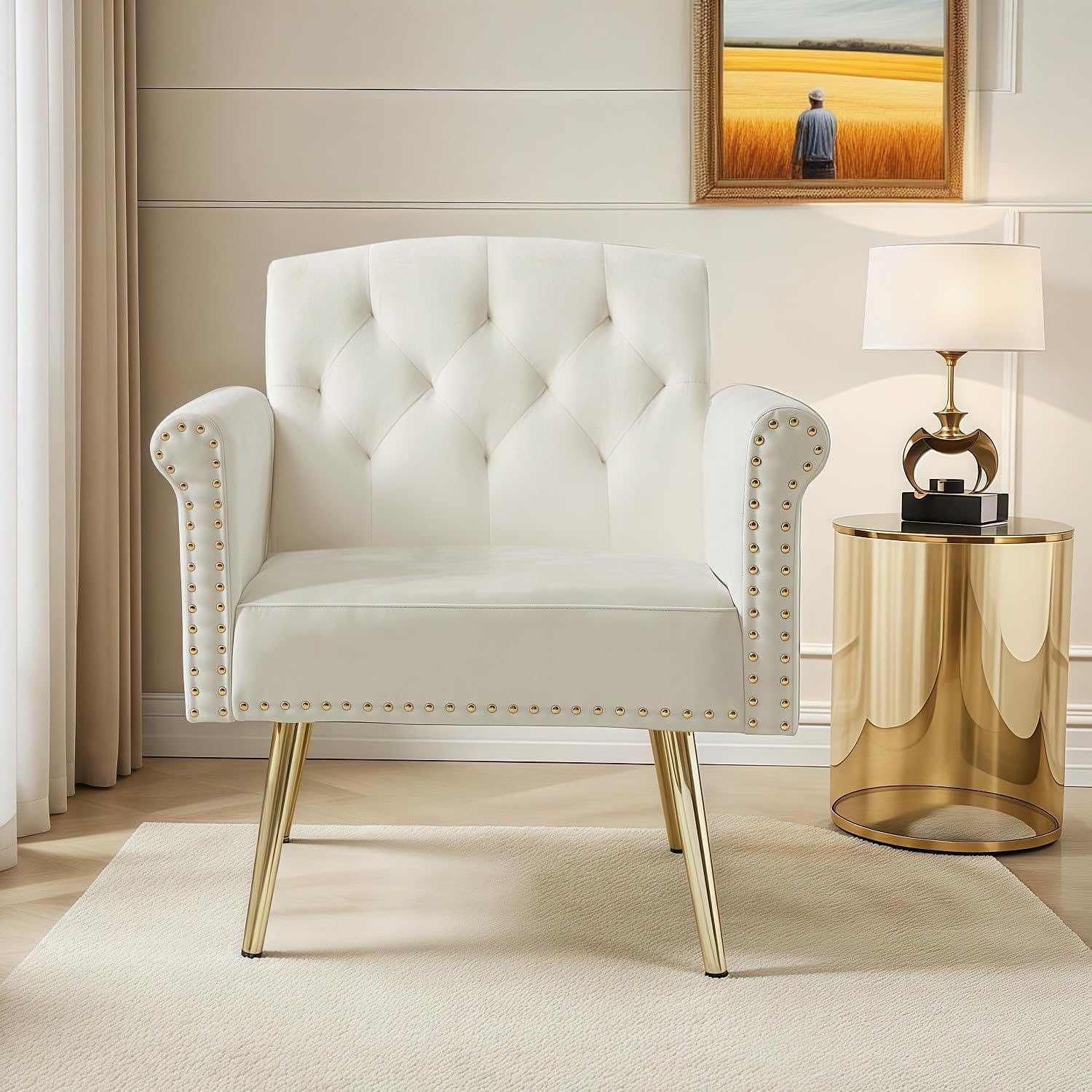 Beige Velvet Accent Chair - Gold Legs