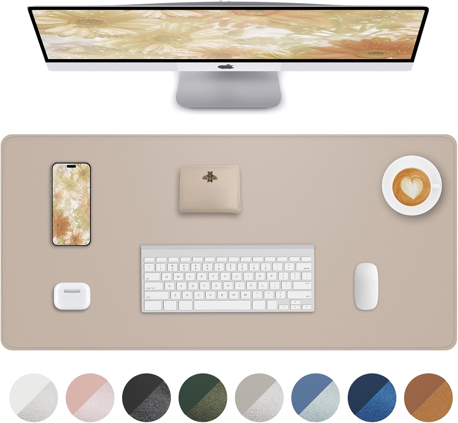 Waterproof Beige Leather Desk Protector - Non-Slip, Large 36 x 17