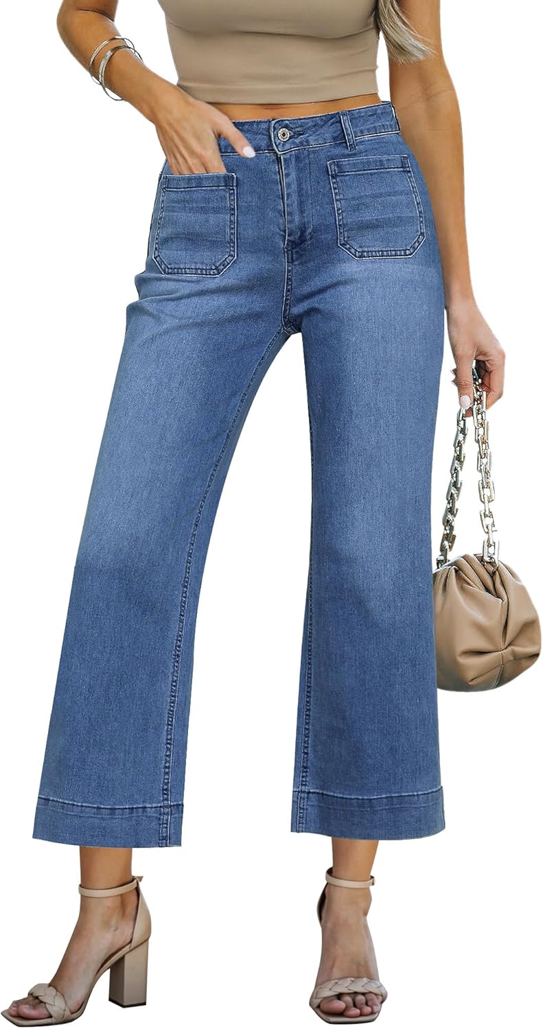 Wide Leg Cropped Jeans for Women - High Waisted Stretchy Denim