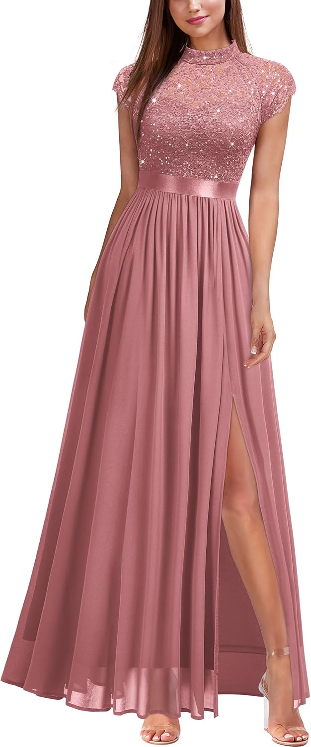 Miusol Women's Elegant Sequin Lace Contrast Chiffon Maxi Dress