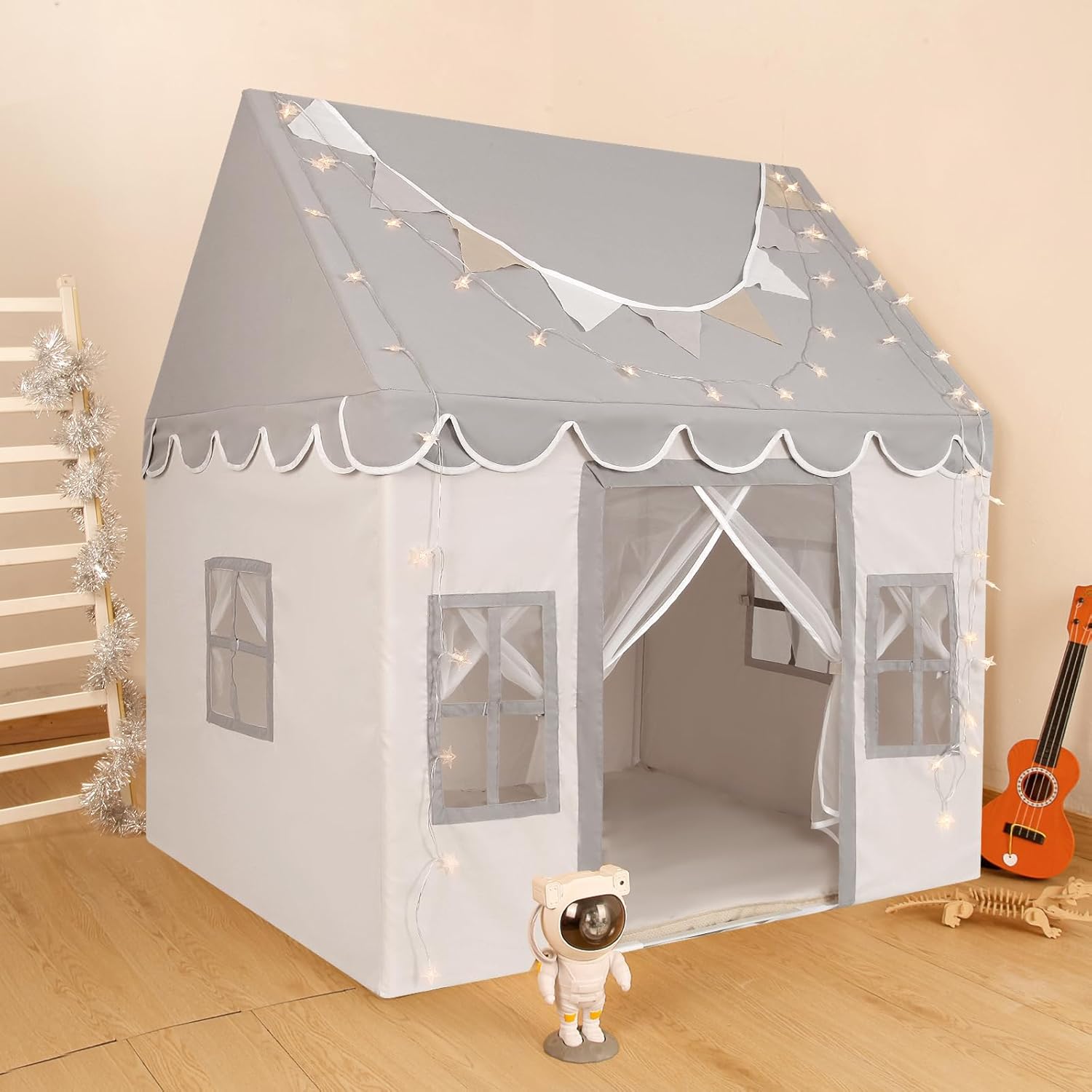 XIAOSHIHOU Kids Play Tent w/ Non-Slip Mat & Star Lights - Ages 3-12, Grey 47 x 40 x 52