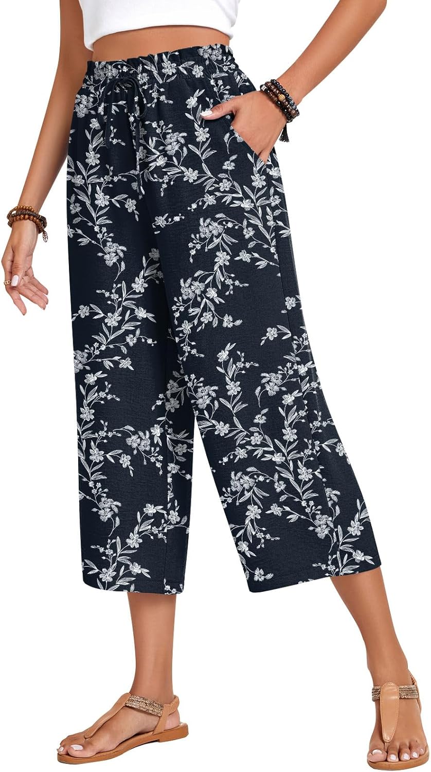 Anyhold Women's Capri Pants: Casual Palazzo Trousers with Pockets