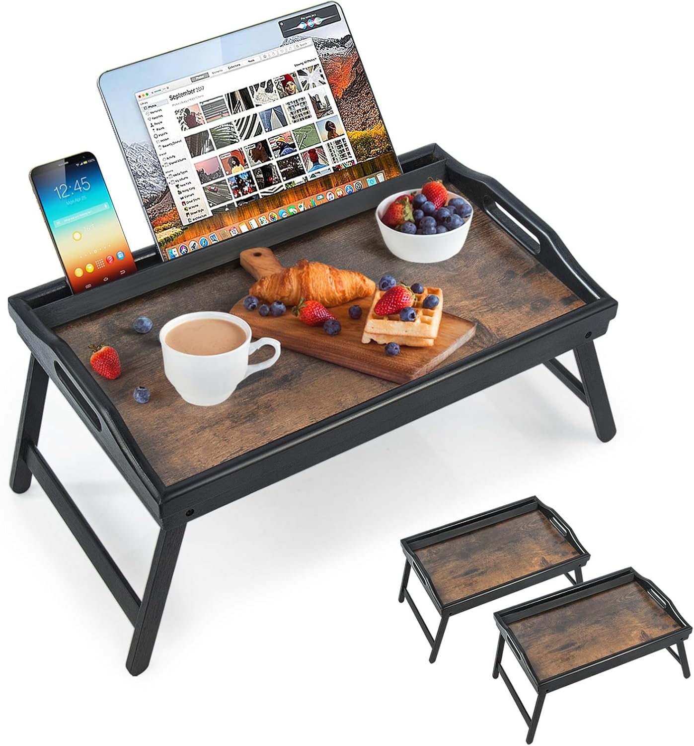 Bamboo Bed Tray - Foldable Legs, Phone Holder