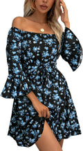 Womens Off Shoulder Ruffle Floral Skater Dress with Belt - A-Line Fit