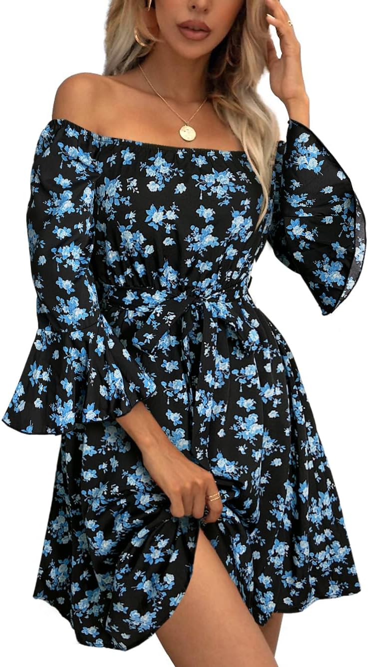 Womens Off Shoulder Ruffle Floral Summer Wedding Guest Dress
