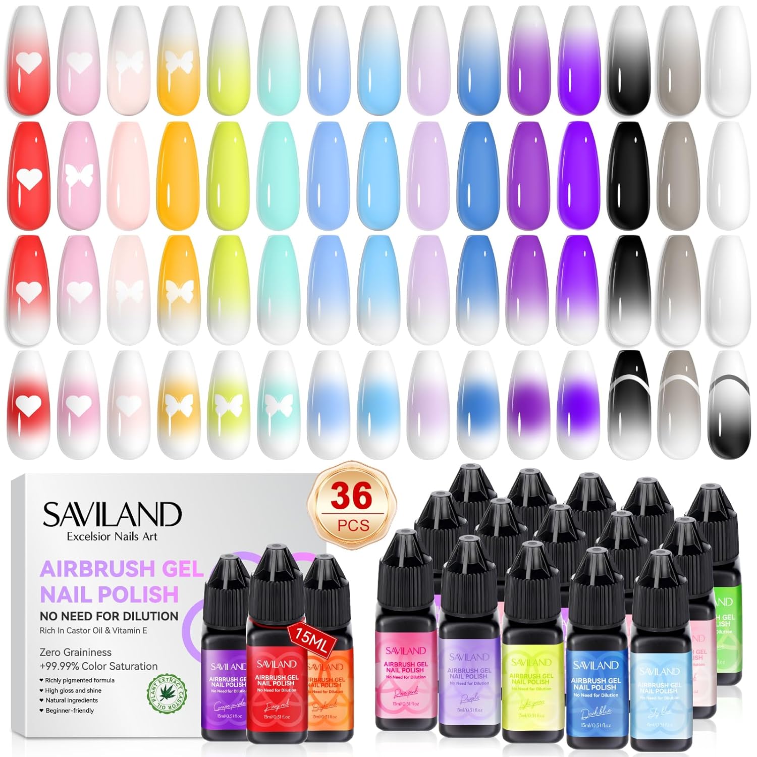 SAVILAND Airbrush Gel Nail Polish: 36 Colors for Stunning Art