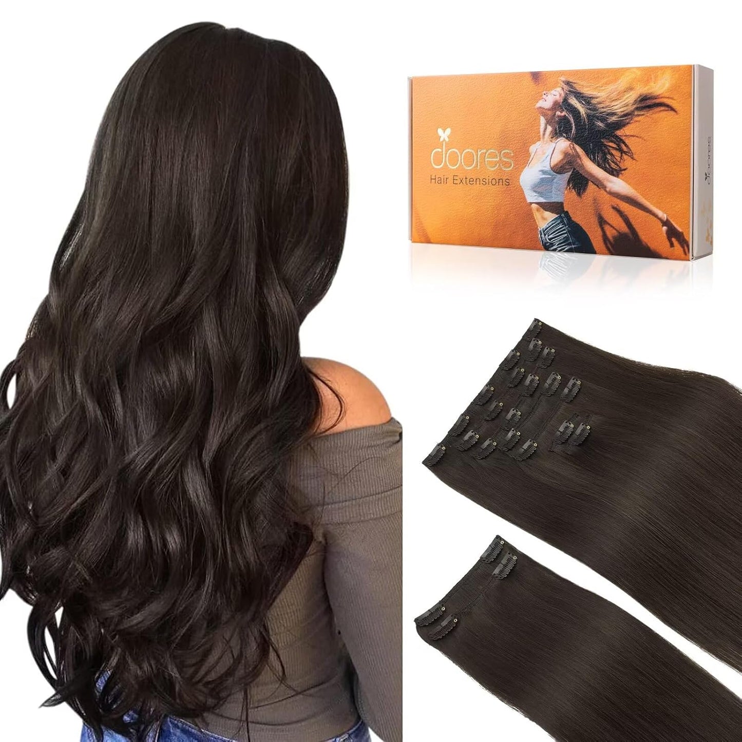 DOORES Human Hair Extensions Clip in Dark Brown 18 Inch Thick