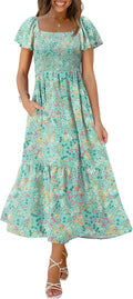 OFEEFAN Summer Dresses for Women Square Neck Ruffle Sleeve Smocked