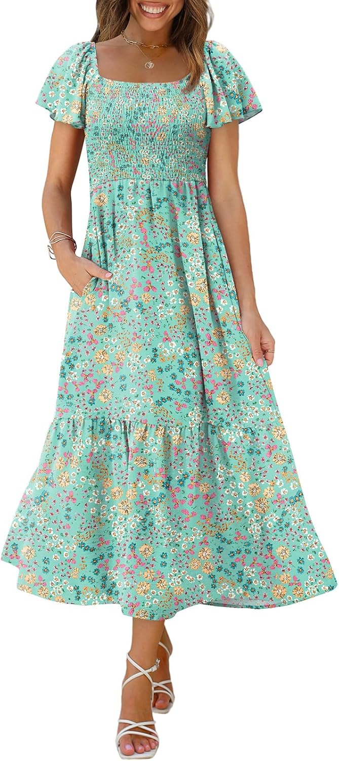 OFEEFAN Summer Dresses for Women with Ruffle Sleeves and Pockets