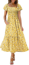 Summer Maxi Dress for Women Square Neck Ruffle Sleeve - Smocked