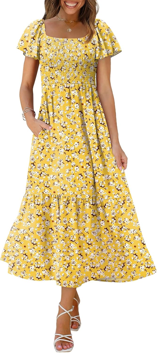 OFEEFAN Summer Dresses for Women with Ruffle Sleeves and Pockets