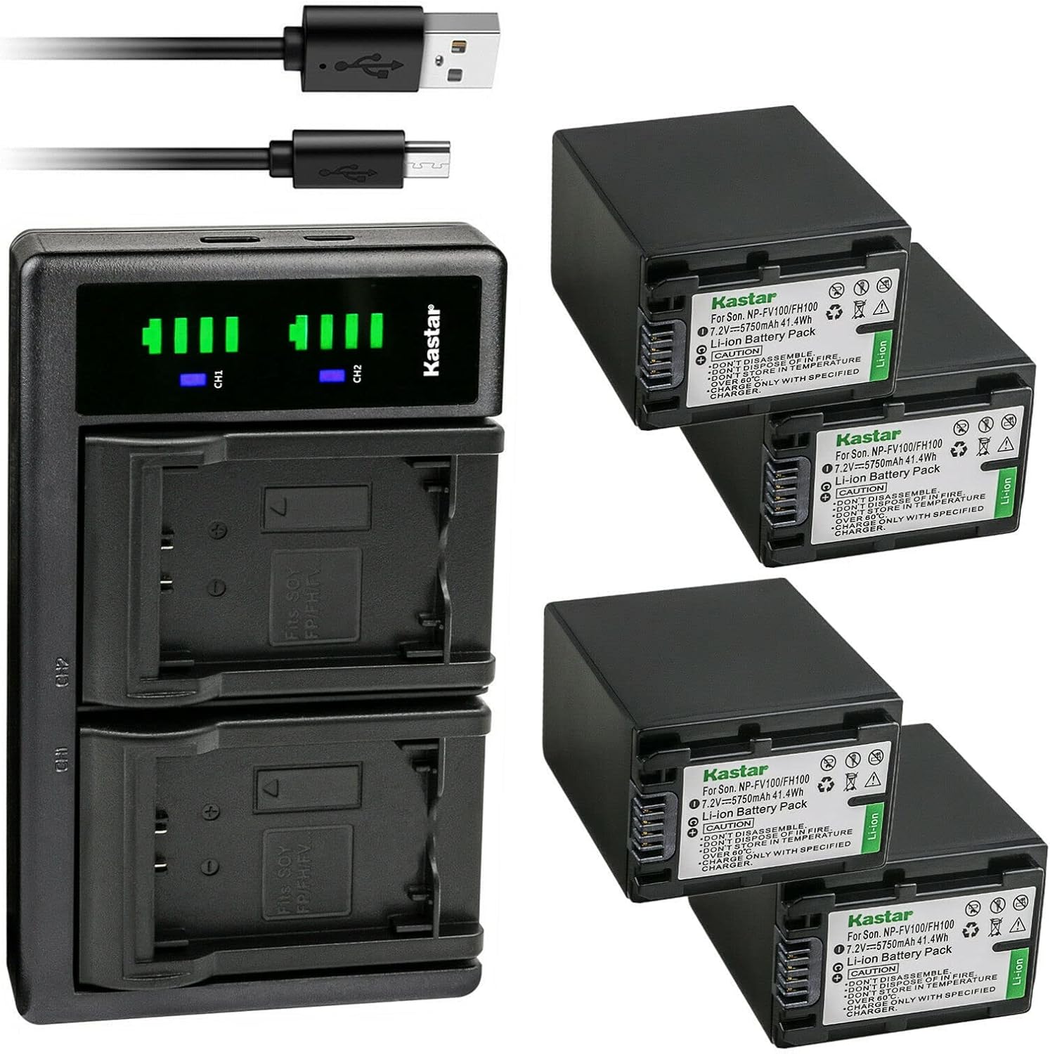 Kastar 4-Pack Battery NP-FV100 with Dual USB Charger for Sony
