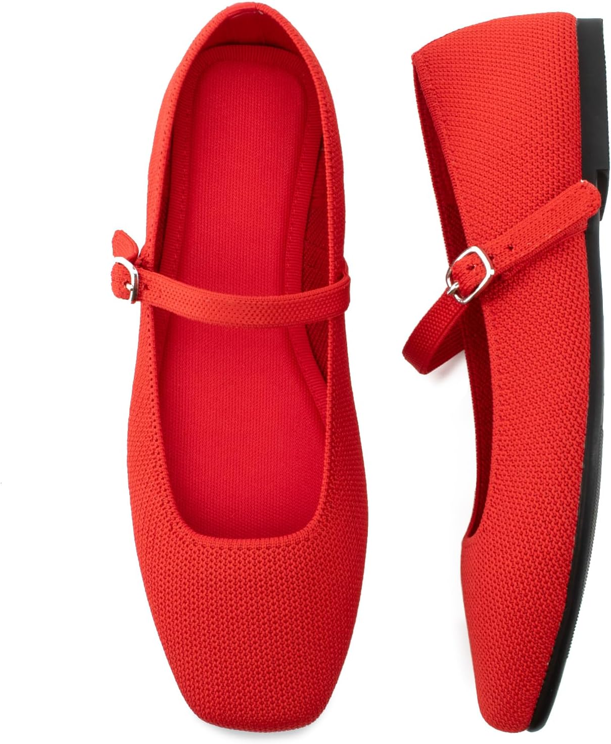 Knit Flats for Women with Square Toe and Ankle Strap Design