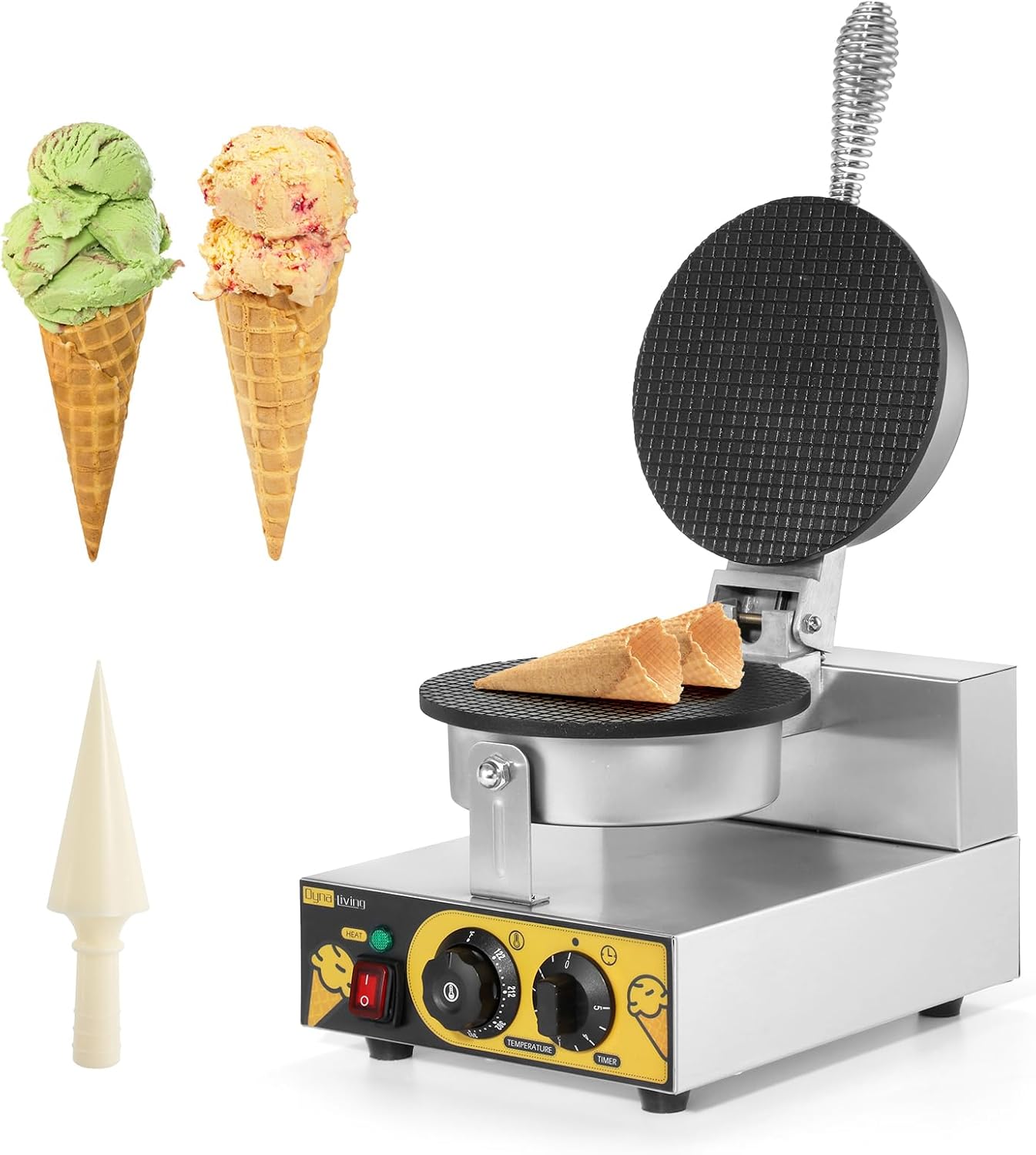 Dyna-Living Commercial Waffle Cone Maker - Stainless Steel, Non-Stick