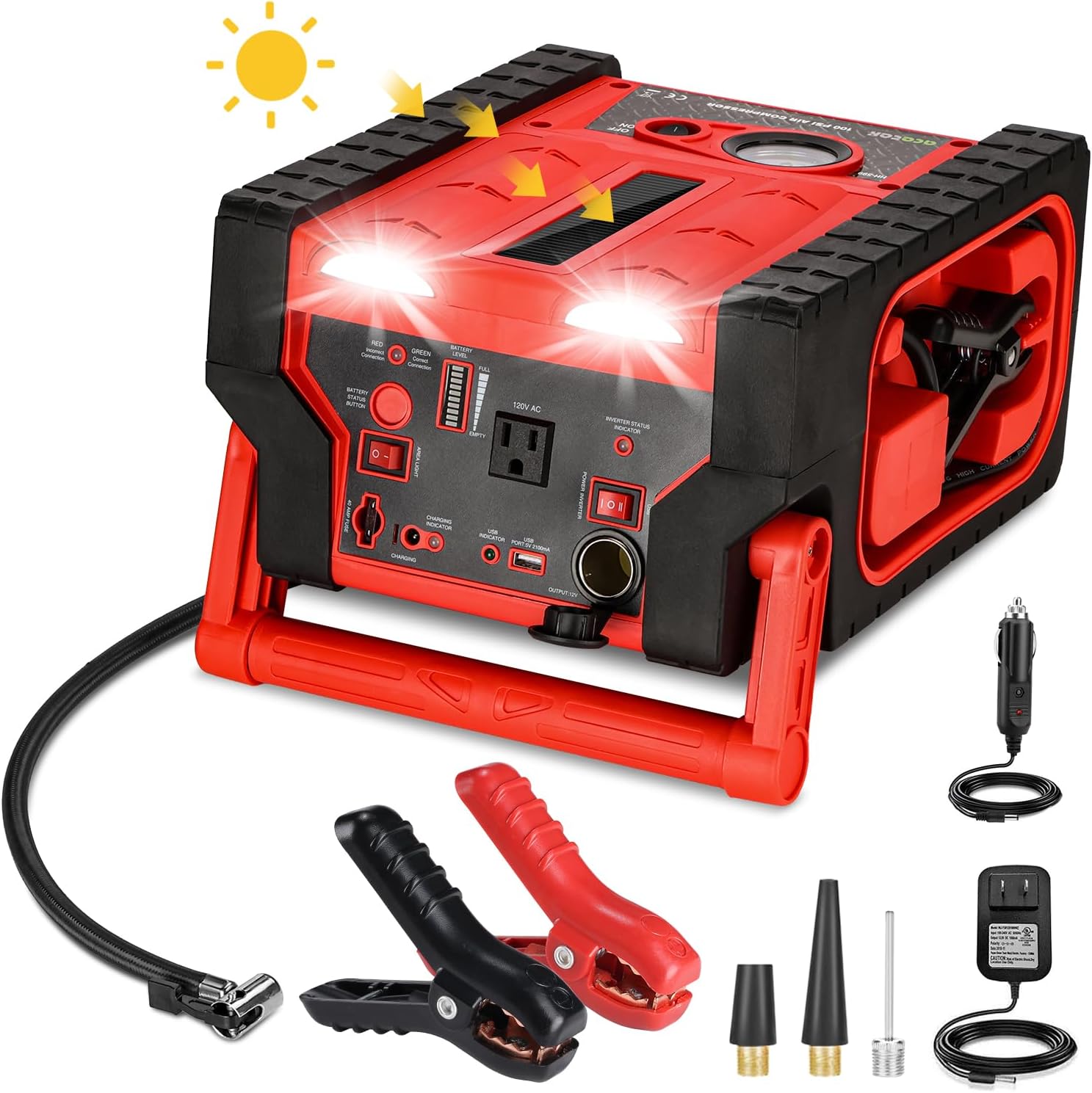 acetek Solar Jump Starter: 2000A Power, 400W Inverter, 100 PSI Air Compressor