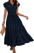 Women Summer Casual Maxi Dress Tiered V Neck Button Belted - Flowy Fit