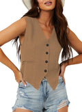 Womens Cropped Suit Vest - Slim V-Neck Button-Down Waistcoat