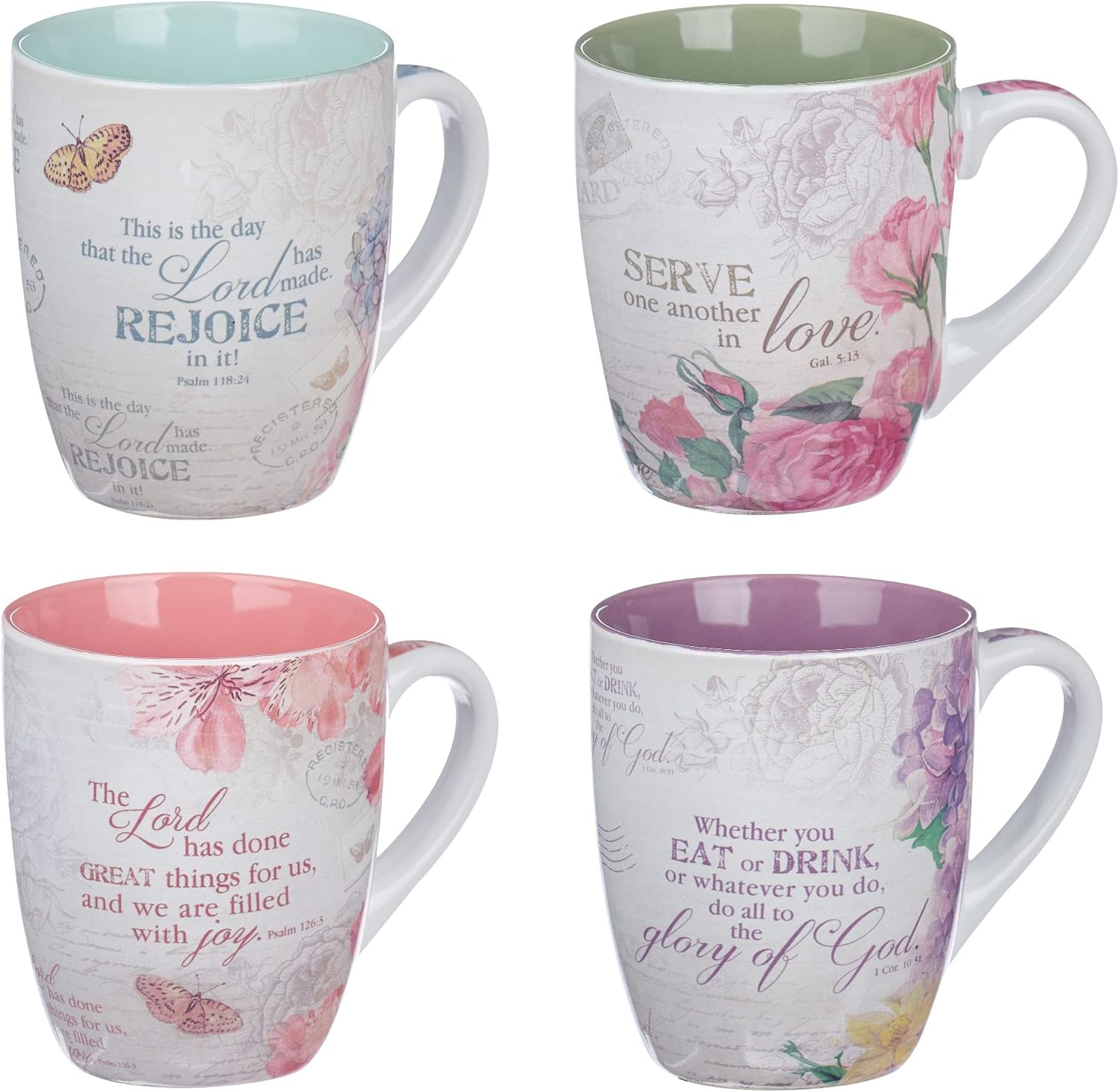 Vintage Botanic Bible Verse Mug Set - Set of 4