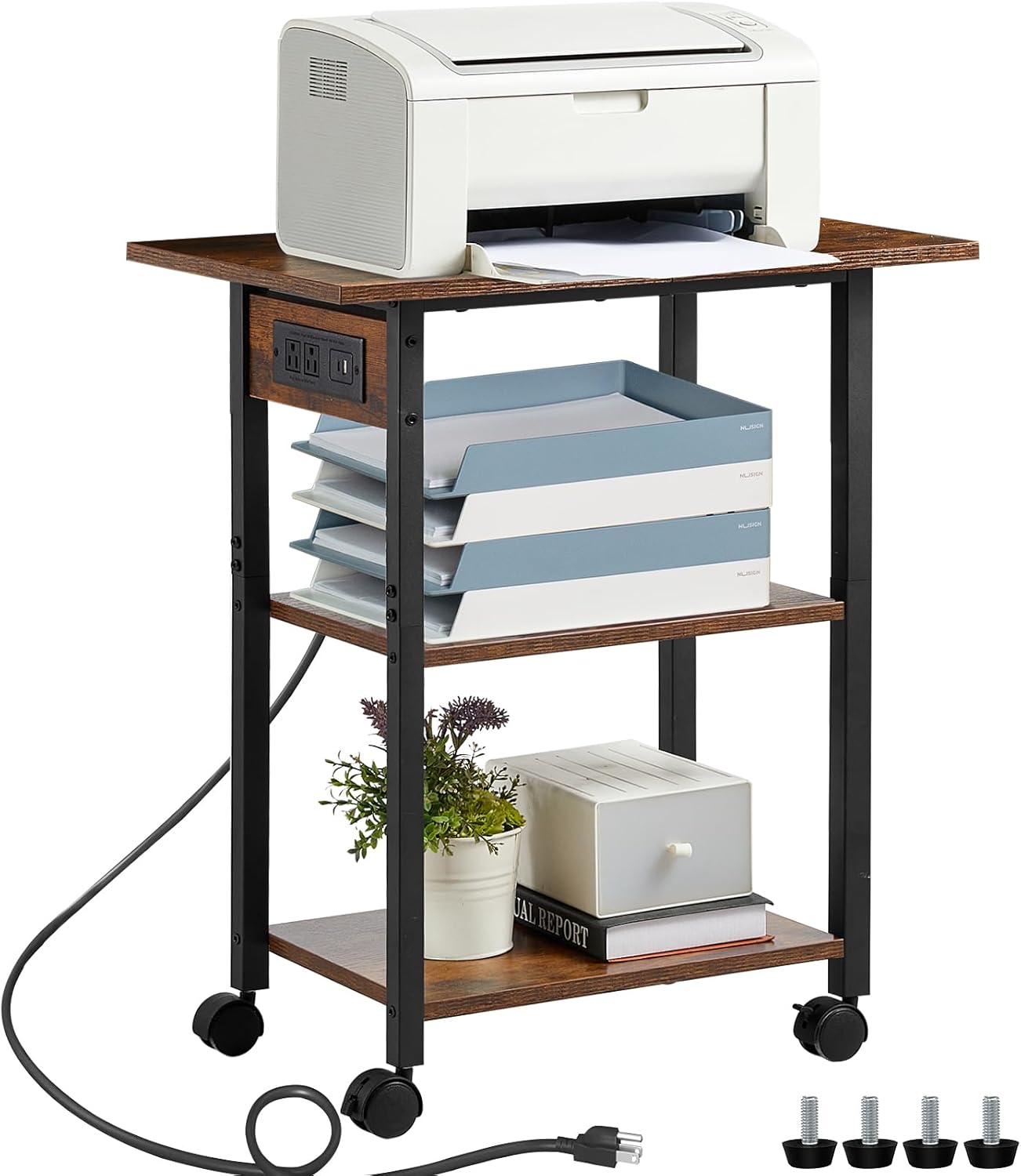 Lerliuo 3-Tier Printer Stand with Charging Station for Home Office