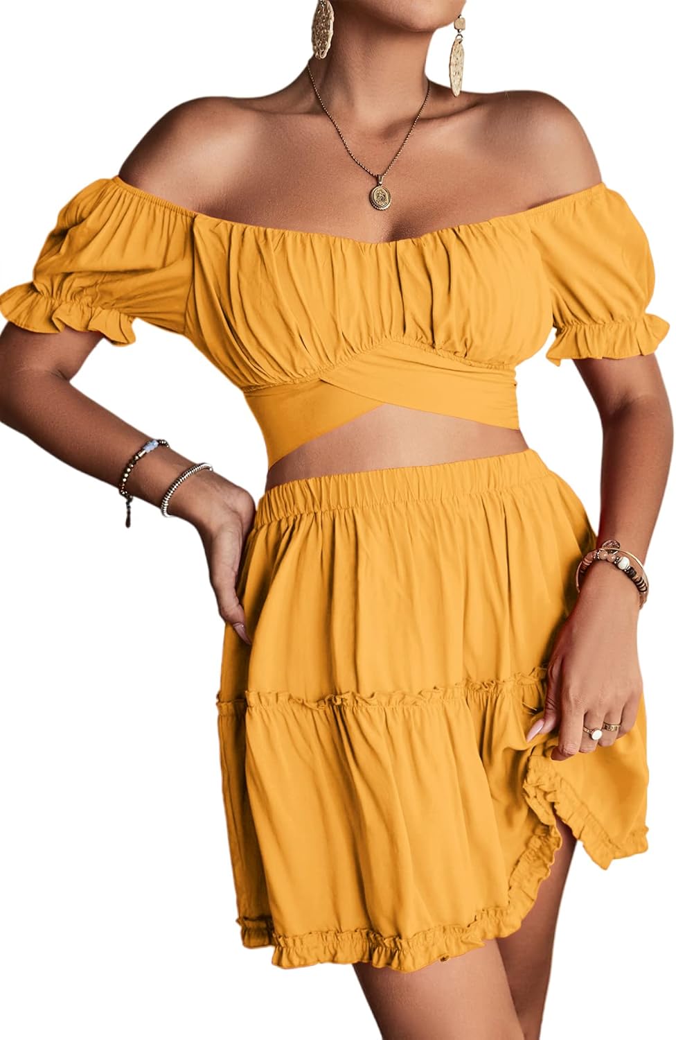 LYANER Women's Floral Off Shoulder Crop Top and Mini Skirt Set