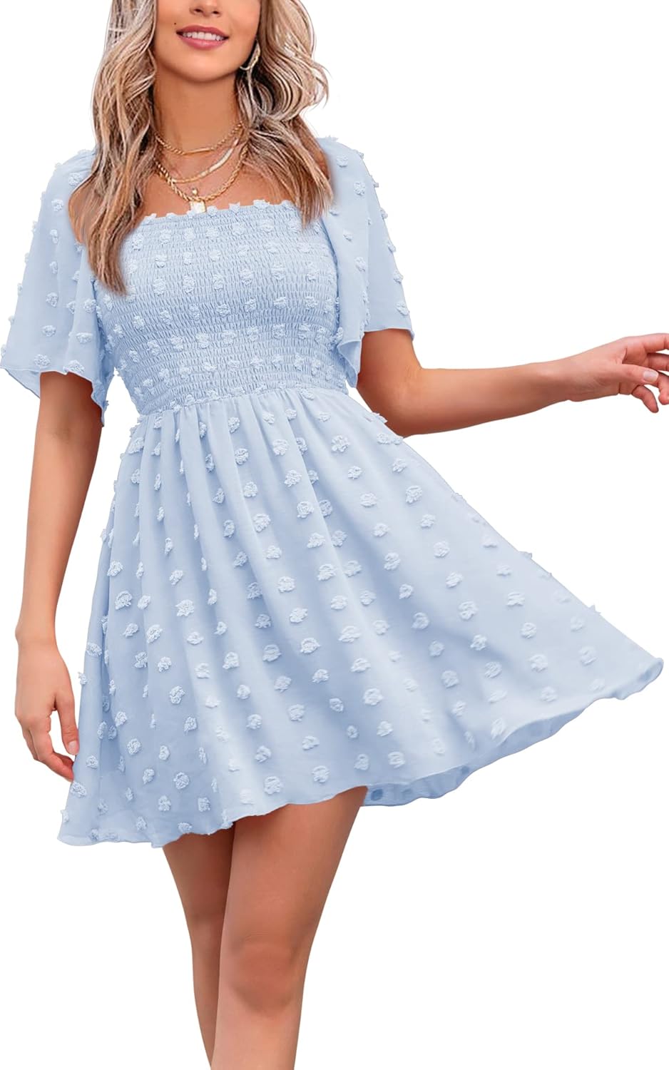 EXLURA Women's Summer Casual Square Neck Ruffle Mini Dress