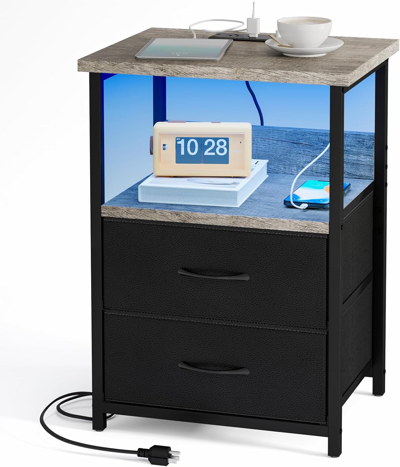 Fixwal Night Stand with Charging Station and LED Lights