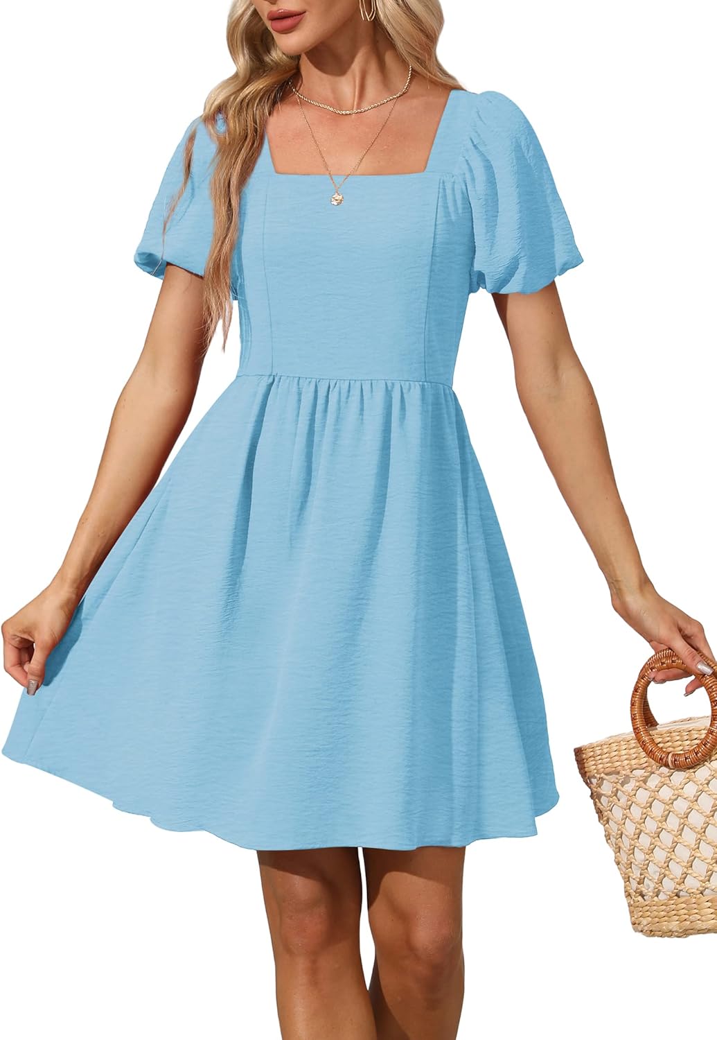 OFEEFAN Women Puff Sleeve Square Neck Tie Back Dress Review