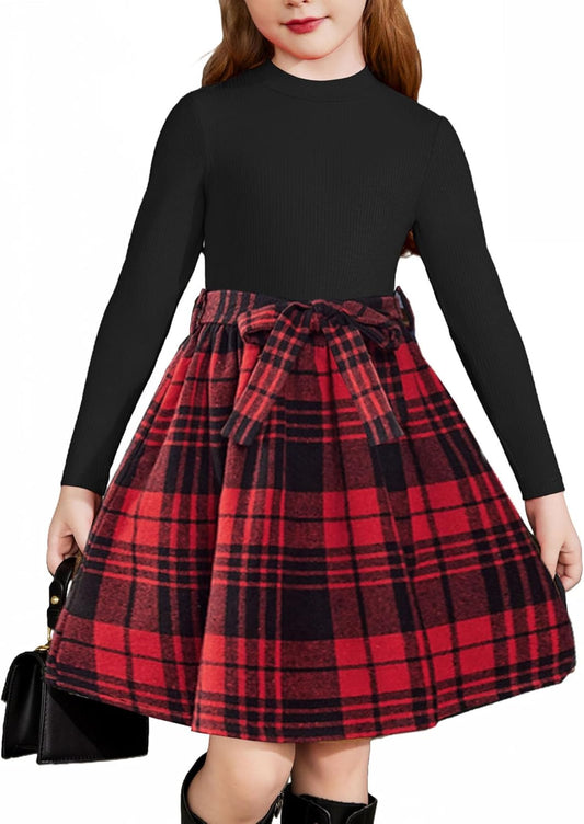 Arshiner Girls Dresses Long Sleeve Plaid Patchwork with Pockets