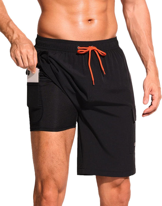 SILKWORLD Men's Swim Trunks with Compression Liner for Comfort