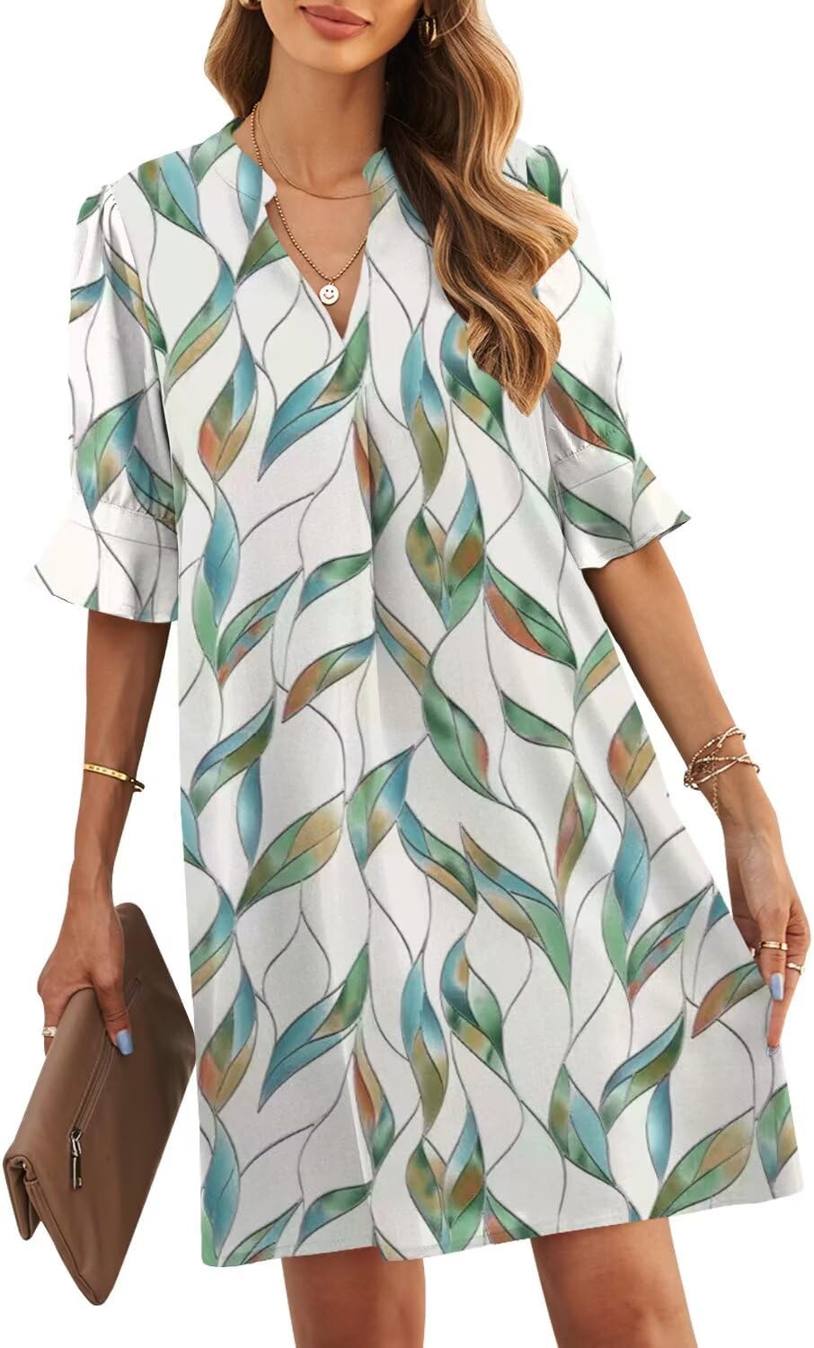 JOCAFIYE Womens Dresses V-Neck Ruffled Short Sleeve Casual Shift