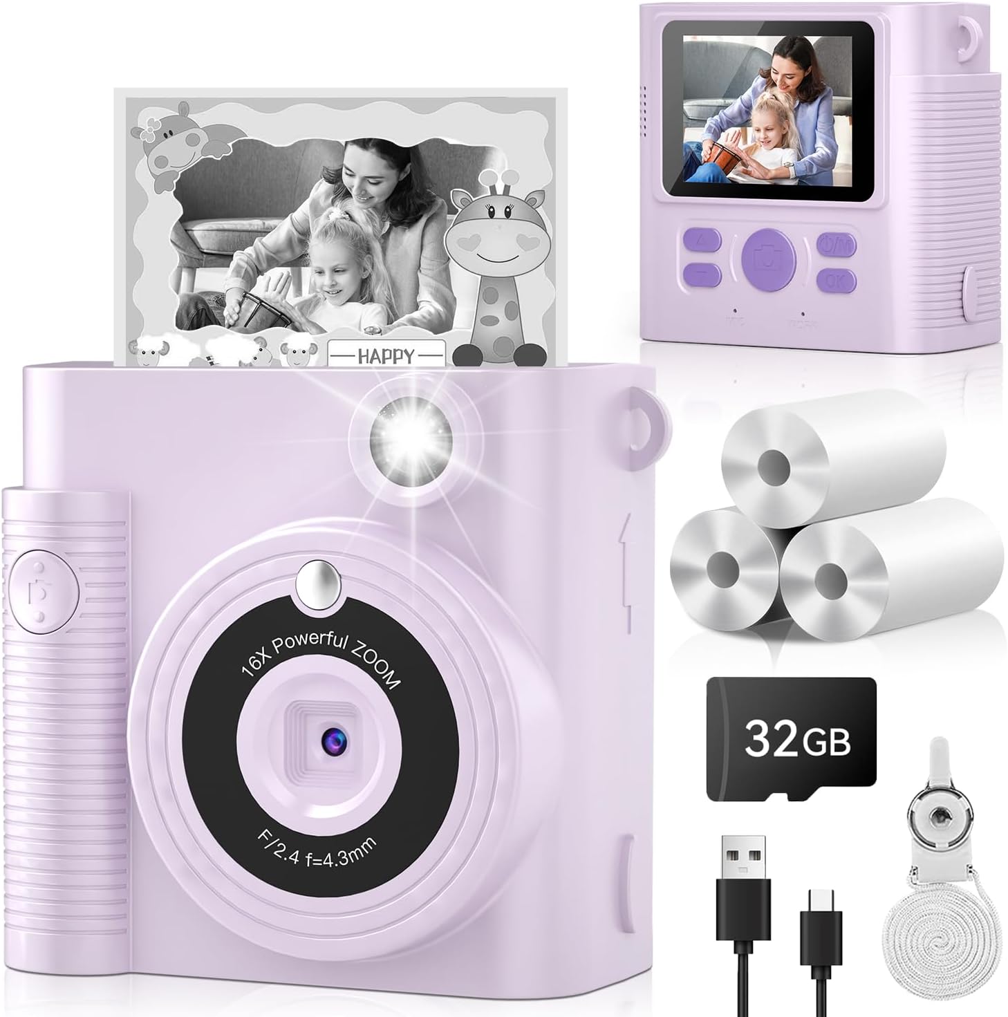 Instant Print Kids Camera | HD Video | 32GB Card | Ages 3-12 | Petekuqi