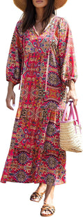 miduo Womens Loose Fit Bohemian V Neck Maxi Dress - Lightweight Summer