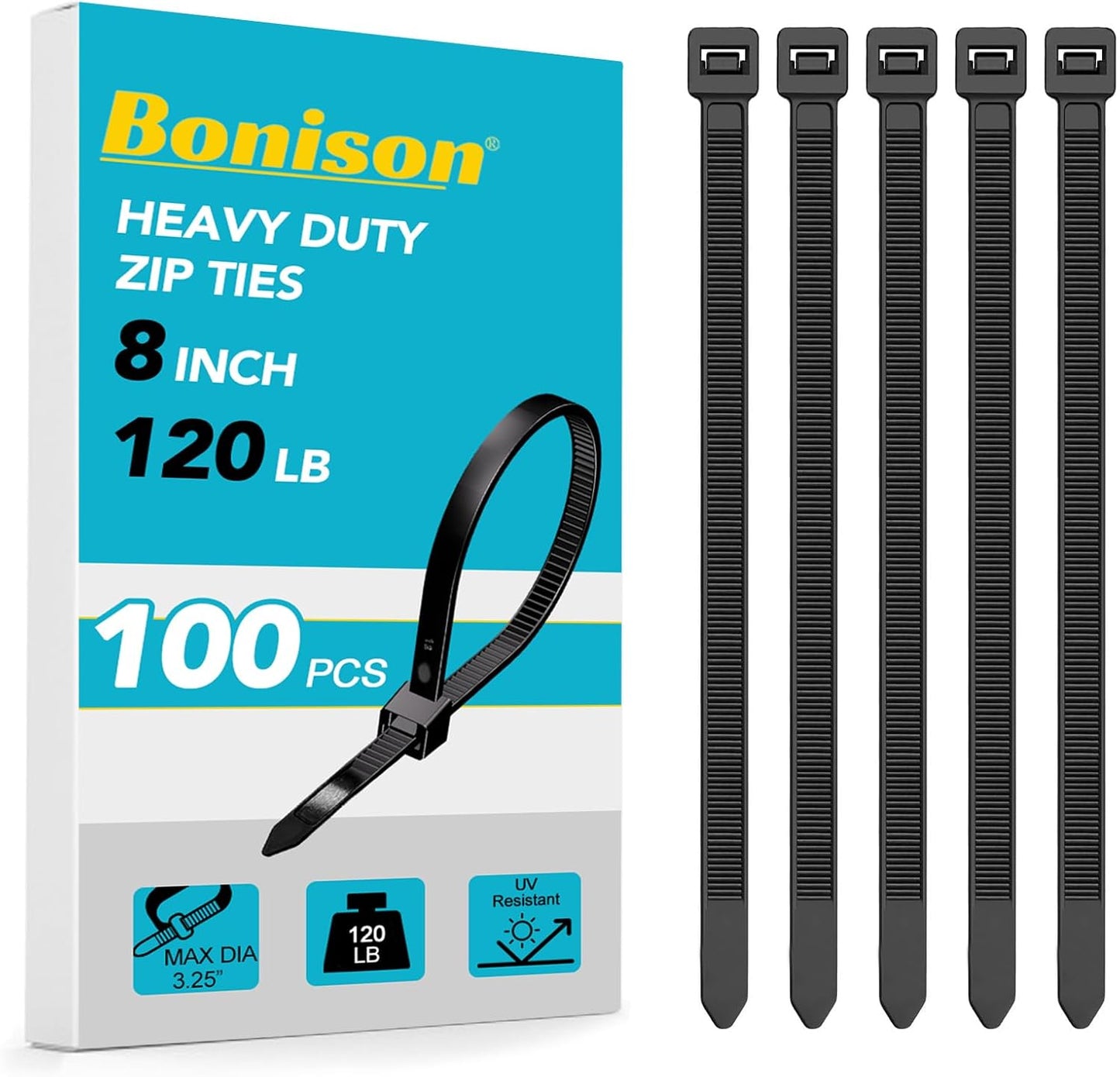 Bonison Heavy Duty 8 Zip Ties - 120lbs Strength, Self-Locking Nylon (100 Pcs)