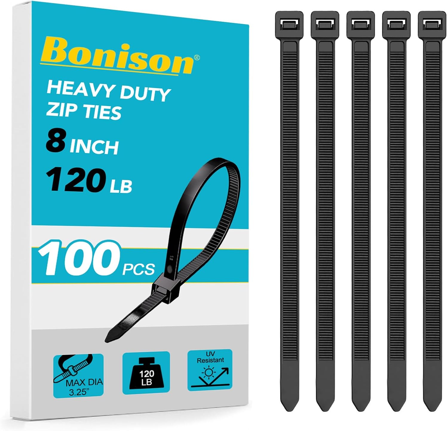 Bonison Heavy Duty 8 Zip Ties - 120lbs Strength, Self-Locking Nylon (100 Pcs)