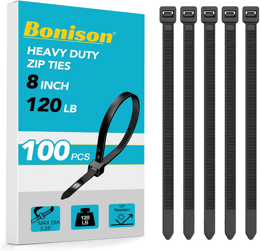 Bonison Heavy Duty 8 Zip Ties - 120lbs Strength, Self-Locking Nylon (100 Pcs)